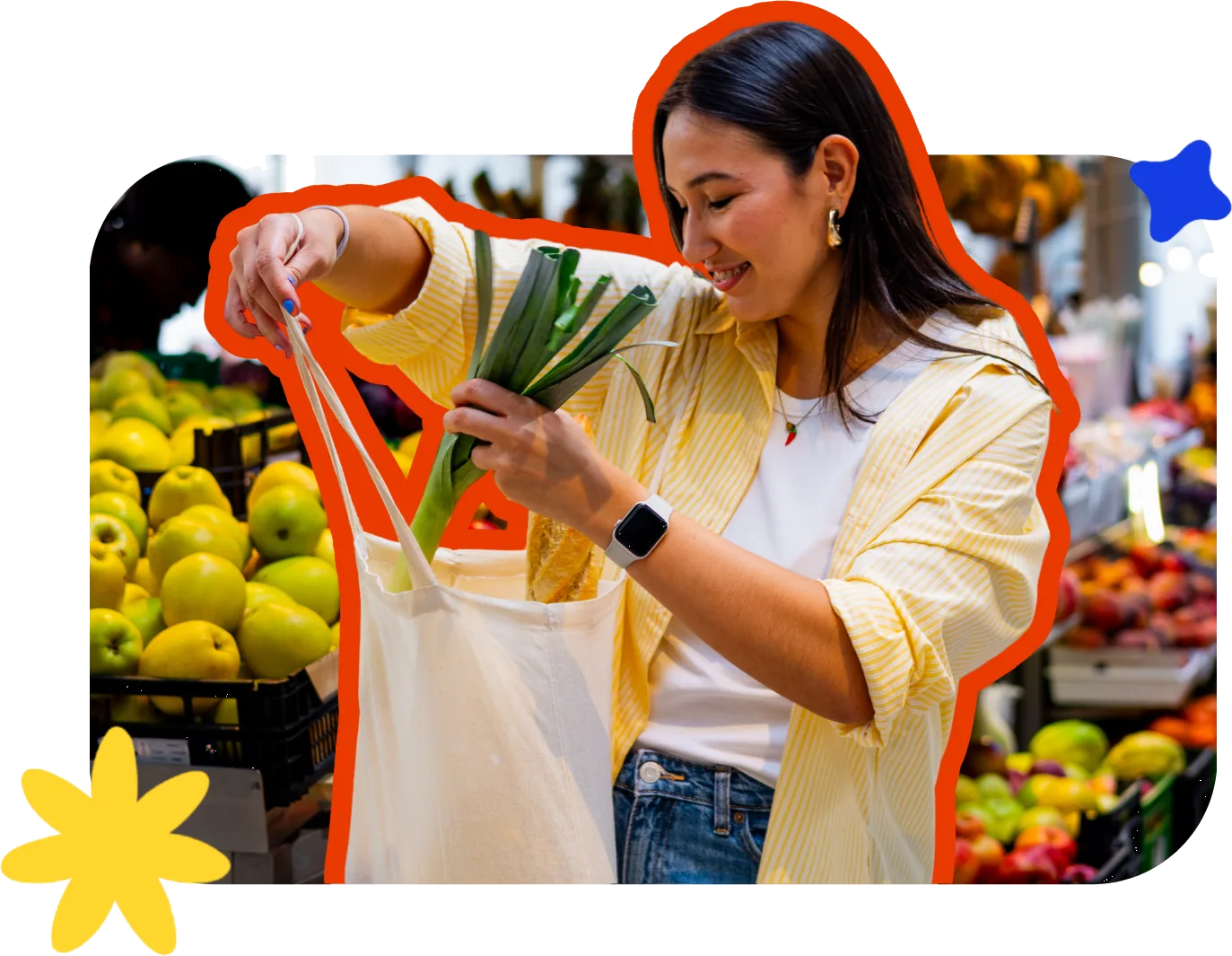 Mulher a escolher legumes numa banca de mercado
